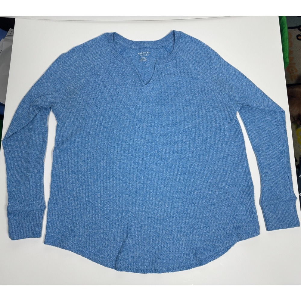 American Eagle Outfitters Top Womens L Blue Notch Neck Raglan Sleeve Waffle Knit - Picture 3 of 8